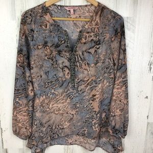 Juicy couture Bling Embellished Chiffon Tunic Watercolor Long Sleeve Blouse XS